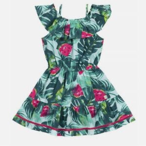 Deux Par Deux Watermelon Tropical Print Off-Shoulder Sundress Green Pink Girls 5